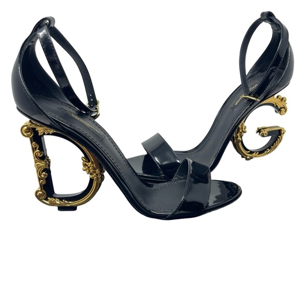 Dolce&Gabbana Black Gold Sculpted-Heel Baroque DG Patent Leather Sandals sz 38 8 - Picture 3 of 13
